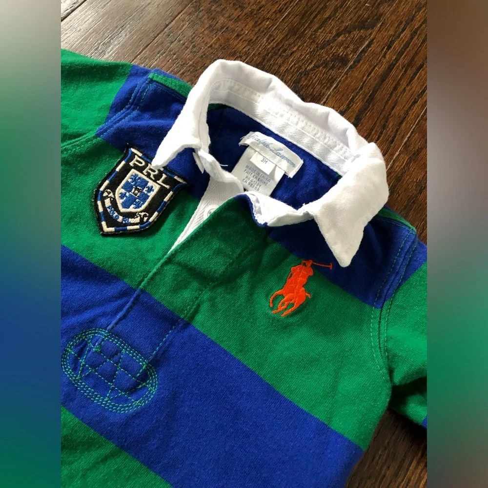 Ralph Lauren Boys 3M Green/Blue Stripe Rugby Collared Polo Long-Sleeve One Piece